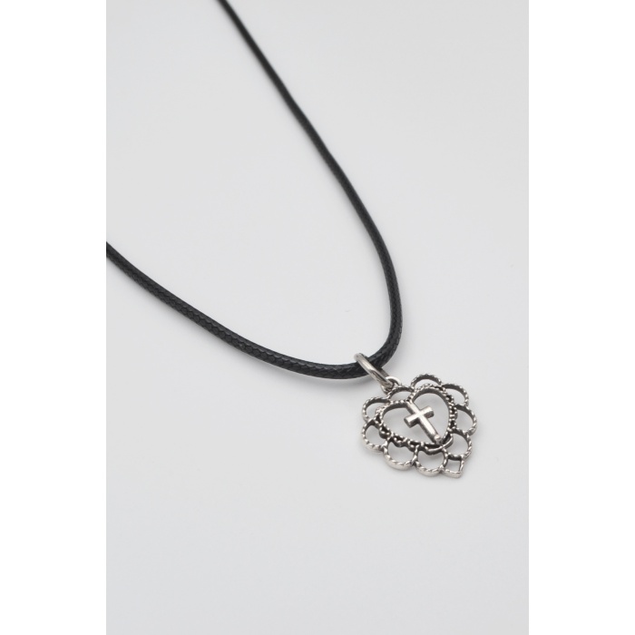 Kalp ve Haç Motifli Kolye - PU Deri İp Zincirli Unisex Gümüş Kaplama - 60 cm