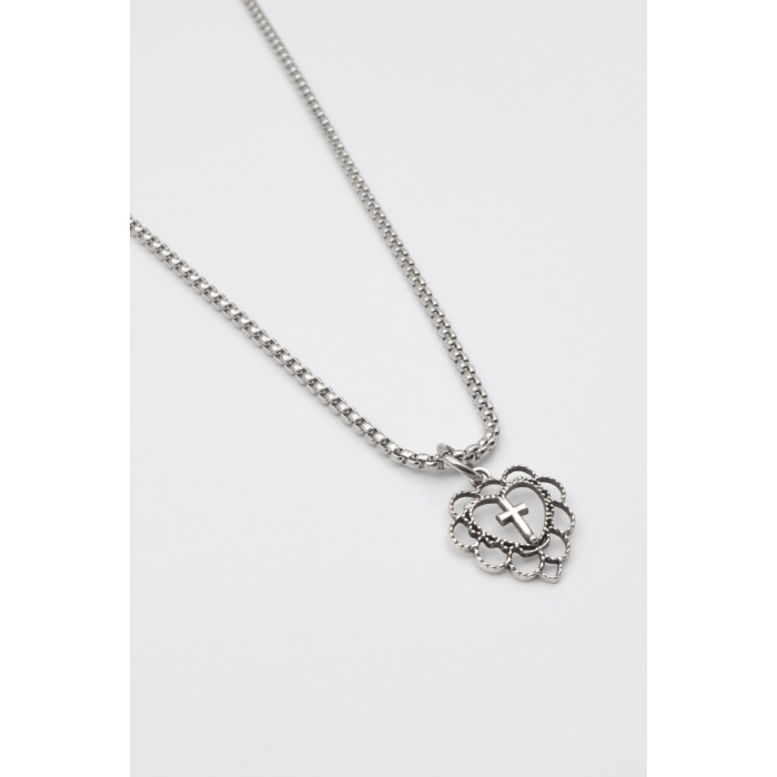 Minimalist Kalp Haç Kolye - Örme İthal Zincirli Unisex Gümüş Kaplama - 60 cm