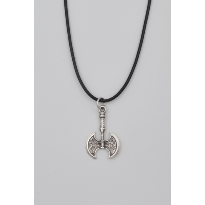 Viking Çift Taraflı Balta Kolye - PU Deri İp Zincirli Unisex Gümüş Kaplama - 60 cm