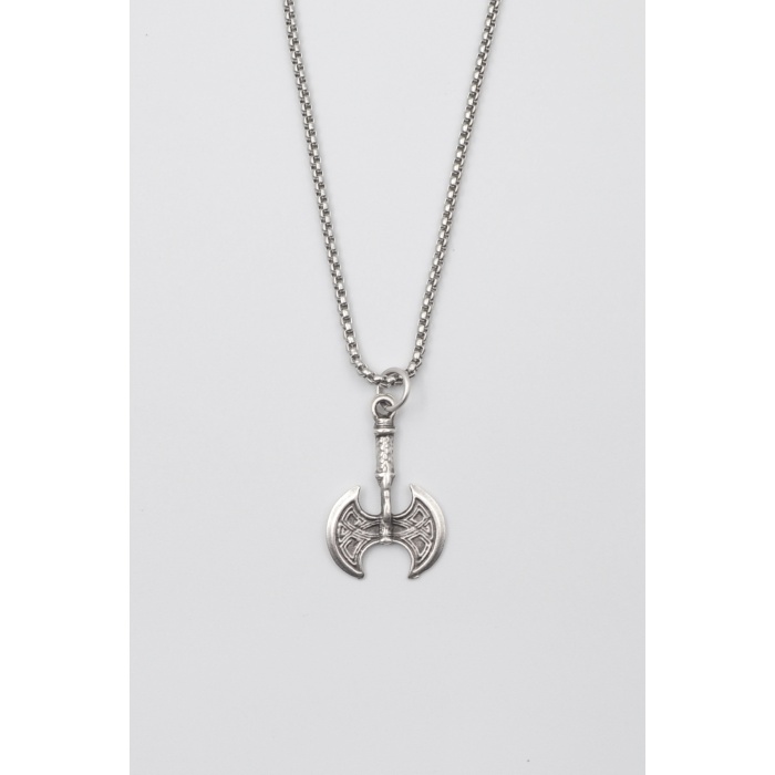 Viking Çift Başlı Balta Kolye - Örme İthal Zincirli Unisex Gümüş Kaplama - 60 cm