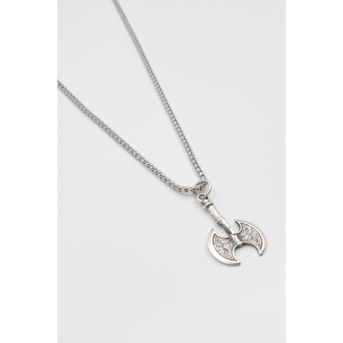 Viking Çift Başlı Balta Kolye - Örme İthal Zincirli Unisex Gümüş Kaplama - 60 cm