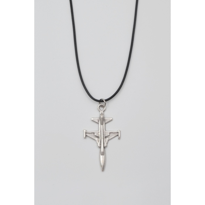 F-5 Tiger Savaş Uçağı Kolye - PU Deri İp Zincirli Unisex Gümüş Kaplama Havacı Takı - 60 cm