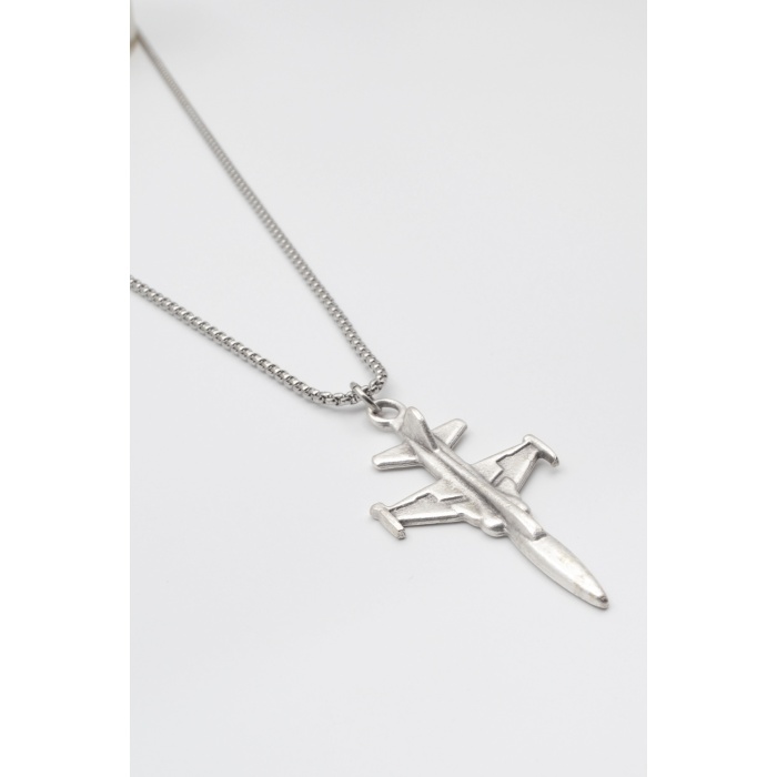 F-5 Tiger Jet Uçağı Kolye - Örme İthal Zincirli Unisex Gümüş Kaplama Havacılık Takısı - 60 cm