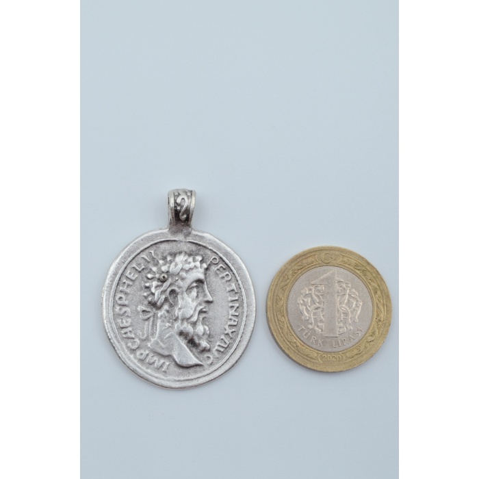 Roma Parası Sikke Gümüş Kaplama Örme Zincir Kolye