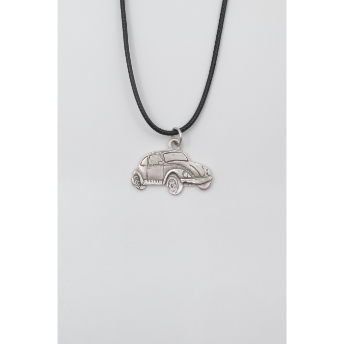 Nostaljik Vosvos Siyah Deri İp Kolye - Antik Gümüş Kaplama - Kadın Erkek - 60 cm