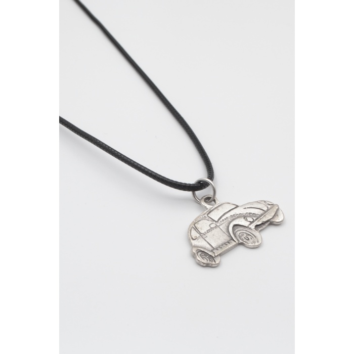 Nostaljik Vosvos Siyah Deri İp Kolye - Antik Gümüş Kaplama - Kadın Erkek - 60 cm