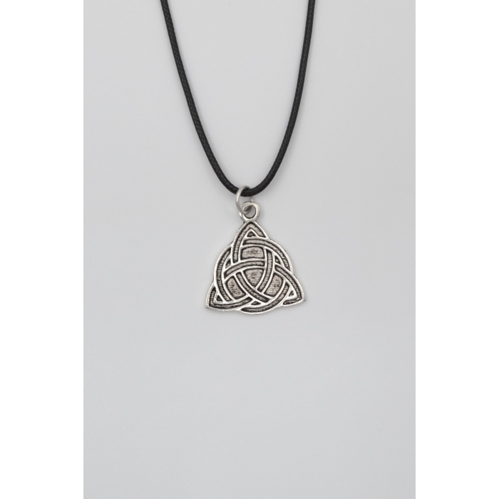 Triquetra - Kelt Düğümü Siyah Deri İp Kolye - Antik Gümüş Kaplama - Kadın Erkek - 60 cm