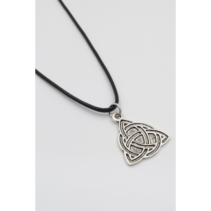 Triquetra - Kelt Düğümü Siyah Deri İp Kolye - Antik Gümüş Kaplama - Kadın Erkek - 60 cm