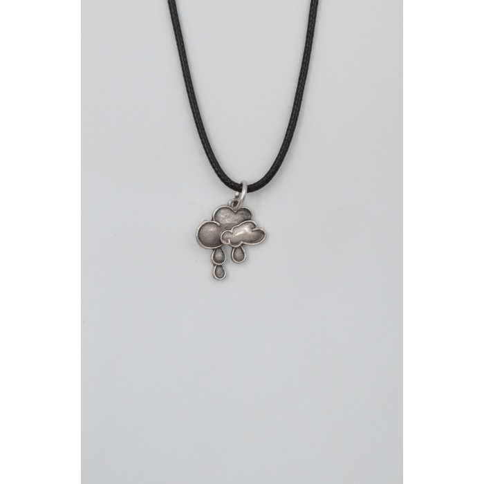 Bulut ve Yağmur Damlası Siyah Deri İp Kolye - Antik Gümüş Kaplama - Kadın Erkek - 60 cm