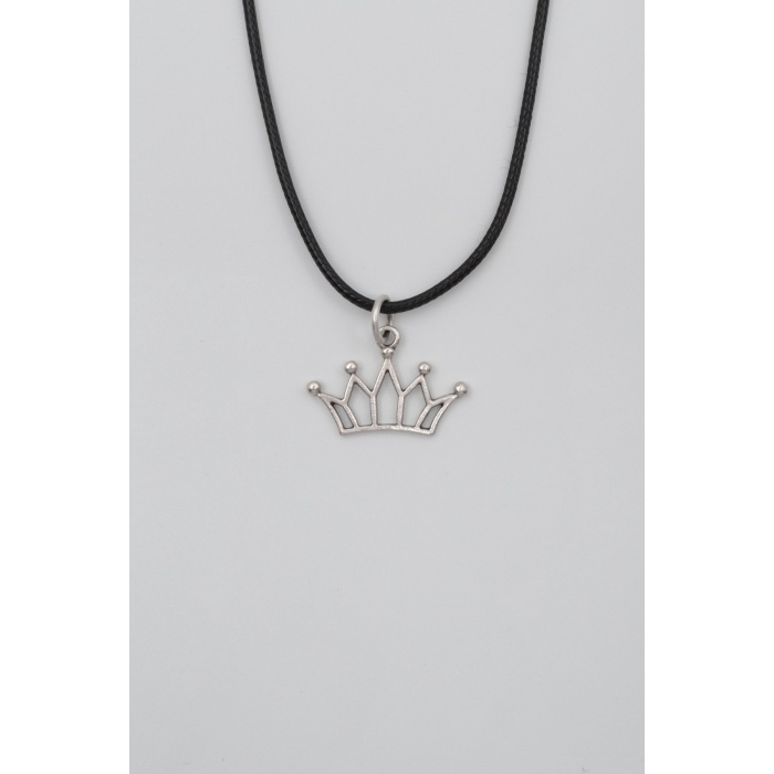Taç Siyah Deri İp Kolye - Antik Gümüş Kaplama - Kadın Erkek - 60 cm