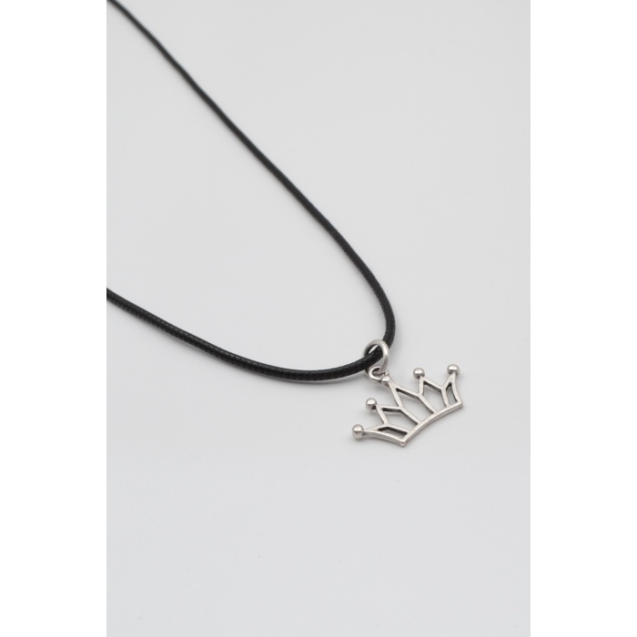 Taç Siyah Deri İp Kolye - Antik Gümüş Kaplama - Kadın Erkek - 60 cm