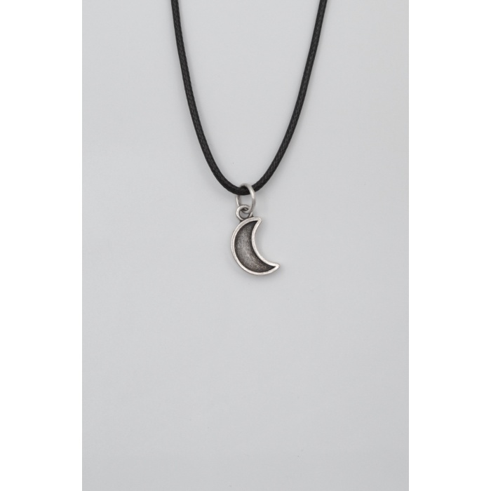 Minimalist Ay Siyah Deri İp Kolye - Antik Gümüş Kaplama - Kadın Erkek - 60 cm