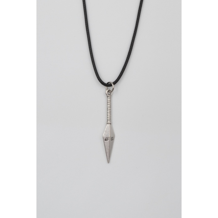 Anime Ninja Kunai Siyah Deri İp Kolye - Antik Gümüş Kaplama - Kadın Erkek - 60 cm