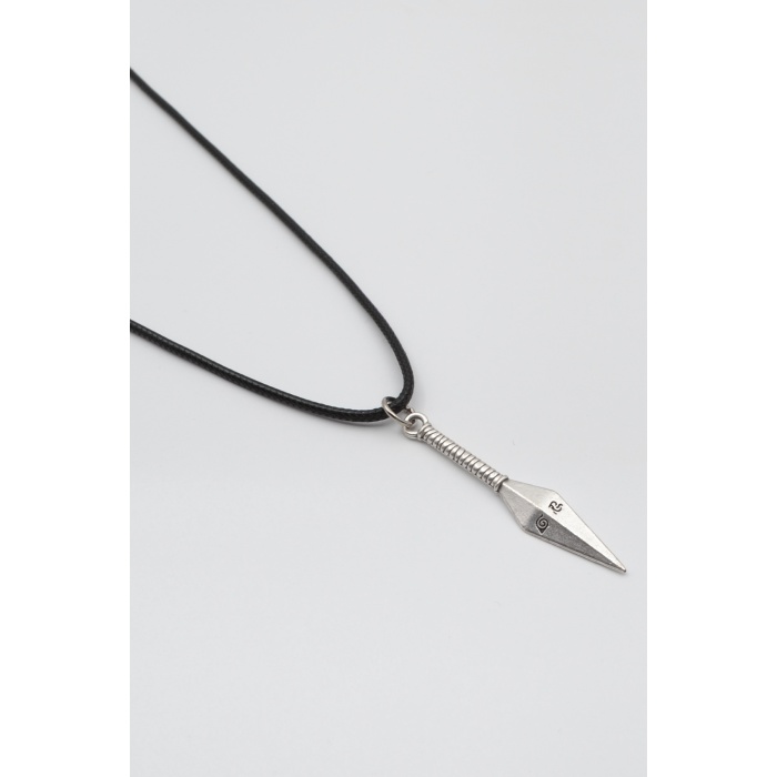 Anime Ninja Kunai Siyah Deri İp Kolye - Antik Gümüş Kaplama - Kadın Erkek - 60 cm