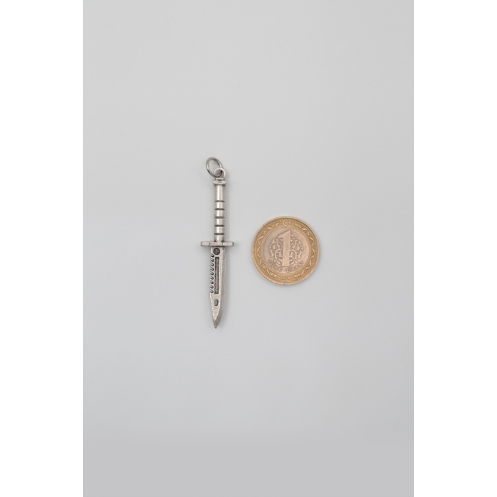 Testere Dişli Taktik Bıçak Siyah Deri İp Kolye - Antik Gümüş Kaplama - Kadın Erkek - 60 cm