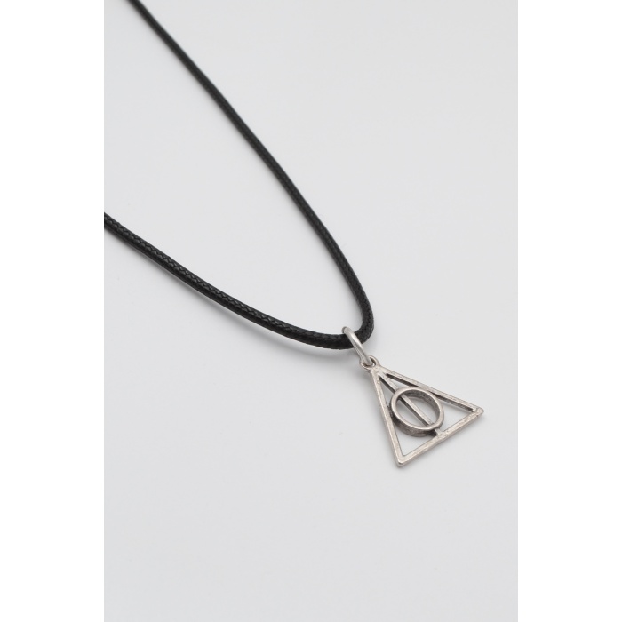 Minimal Harry Potter Ölüm Yadigarları Siyah Deri İp Kolye - Antik Gümüş Kaplama - Kadın Erkek - 60 cm