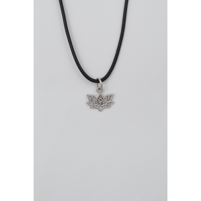 Minimal Om Sembollü Lotus Çiçeği Siyah Deri İp Kolye - Antik Gümüş Kaplama - Kadın Erkek - 60 cm
