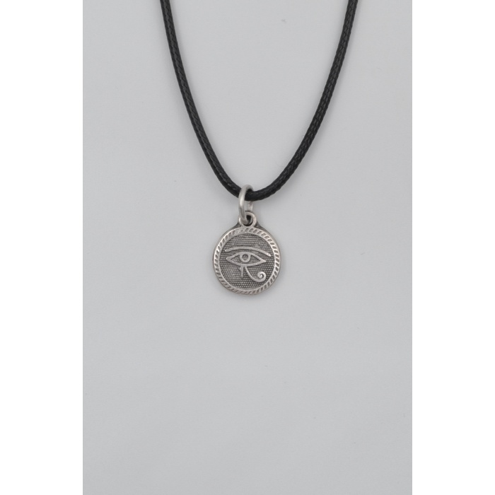 Horusun Gözü Siyah Deri İp Kolye - Antik Gümüş Kaplama - Kadın Erkek - 60 cm