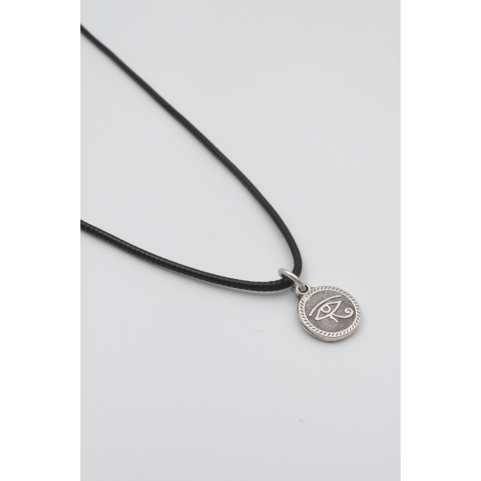 Horusun Gözü Siyah Deri İp Kolye - Antik Gümüş Kaplama - Kadın Erkek - 60 cm