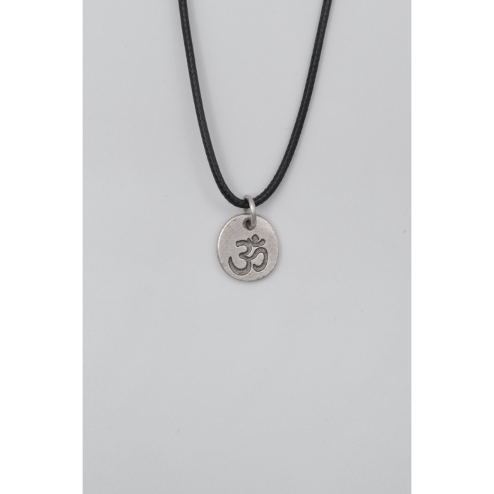 Om Aum Sembolü Siyah Deri İp Kolye - Antik Gümüş Kaplama - Kadın Erkek - 60 cm