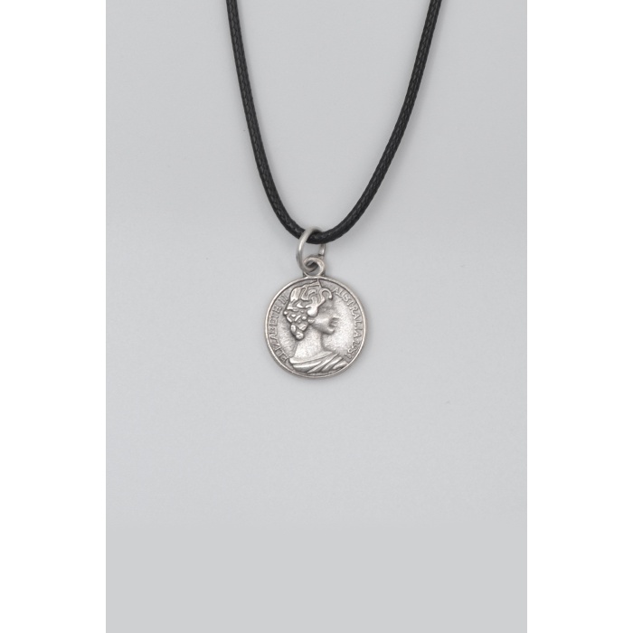 İngiliz Kraliçe II. Elizabeth Siyah Deri İp Kolye - Antik Gümüş Kaplama - Kadın Erkek - 60 cm