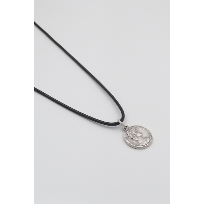 İngiliz Kraliçe II. Elizabeth Siyah Deri İp Kolye - Antik Gümüş Kaplama - Kadın Erkek - 60 cm