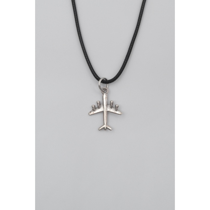 Küçük Uçak Siyah Deri İp Kolye - Antik Gümüş Kaplama - Kadın Erkek - 60 cm