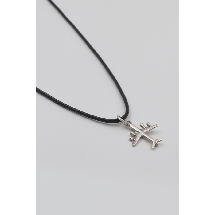 Küçük Uçak Siyah Deri İp Kolye - Antik Gümüş Kaplama - Kadın Erkek - 60 cm