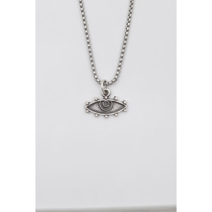 Bohem Koruyucu Göz Örme Zincir Kolye - Antik Gümüş Kaplama - Kadın Erkek - 60 cm