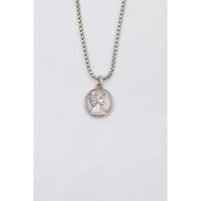 İngiliz Kraliçe II. Elizabeth Örme Zincir Kolye - Antik Gümüş Kaplama - Kadın Erkek - 60 cm