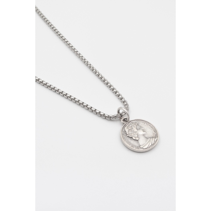 İngiliz Kraliçe II. Elizabeth Örme Zincir Kolye - Antik Gümüş Kaplama - Kadın Erkek - 60 cm