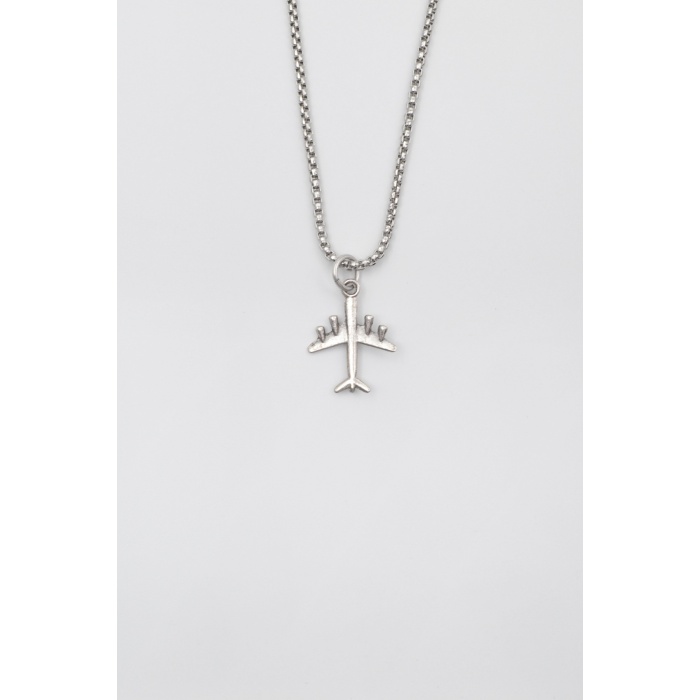 Küçük Uçak Örme Zincir Kolye - Antik Gümüş Kaplama - Kadın Erkek - 60 cm