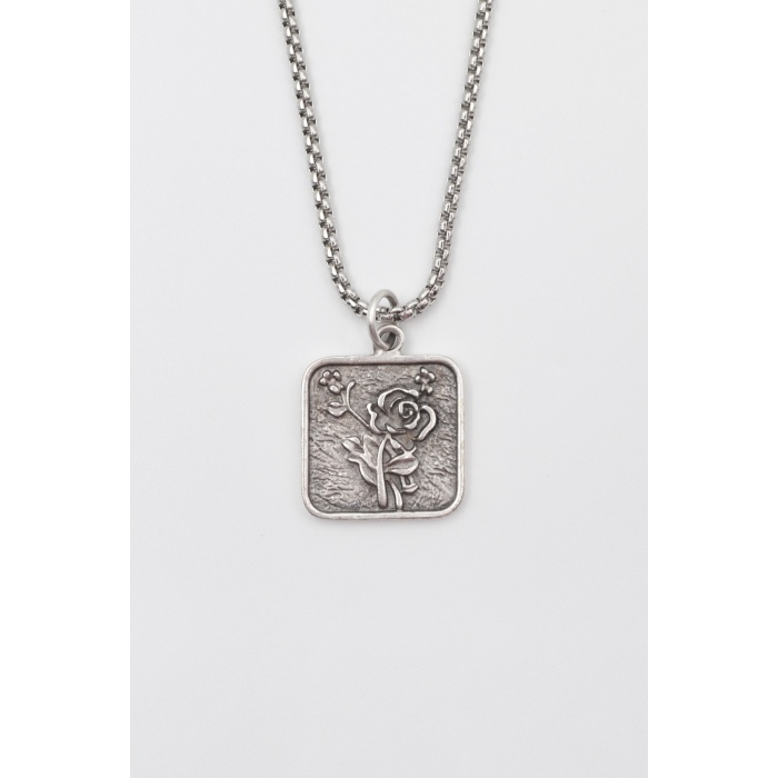 Otantik Gül Örme Zincir Kolye - Antik Gümüş Kaplama - Kadın Erkek - 60 cm