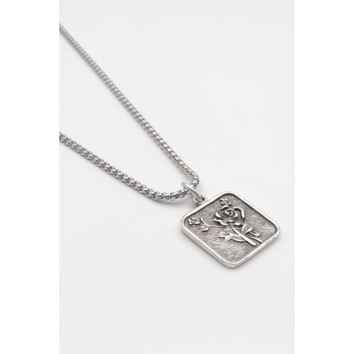 Otantik Gül Örme Zincir Kolye - Antik Gümüş Kaplama - Kadın Erkek - 60 cm