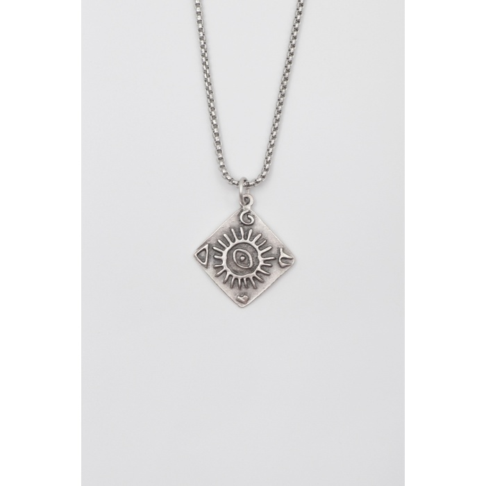 Güneş ve Göz Sembollü Örme Zincir Kolye - Antik Gümüş Kaplama - Kadın Erkek - 60 cm