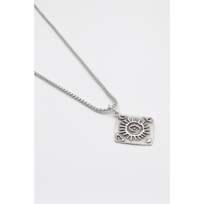 Güneş ve Göz Sembollü Örme Zincir Kolye - Antik Gümüş Kaplama - Kadın Erkek - 60 cm