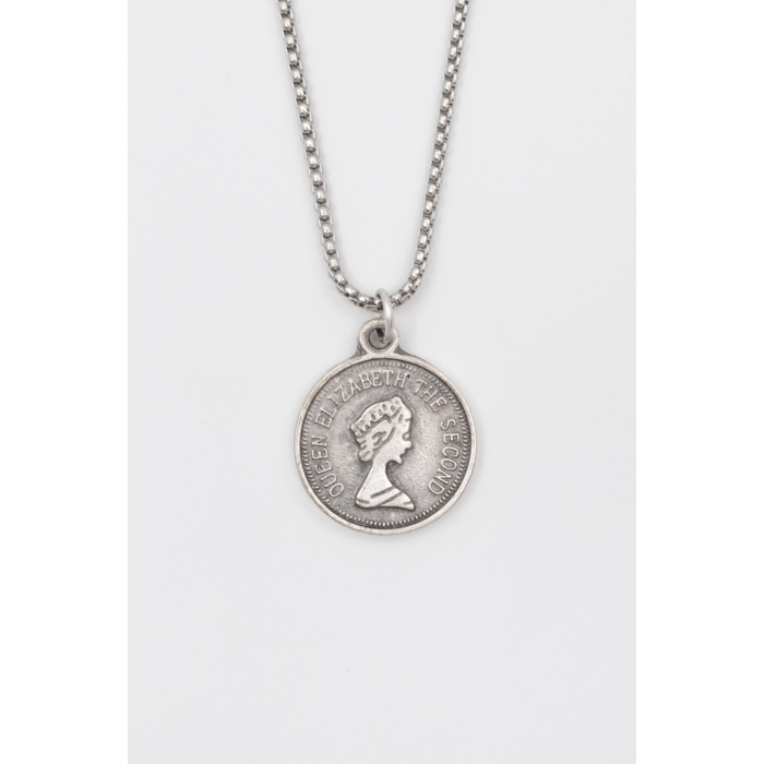 Kraliçe Elizabeth II (Genç Portre) Örme Zincir Kolye - Antik Gümüş Kaplama - Kadın Erkek - 60 cm
