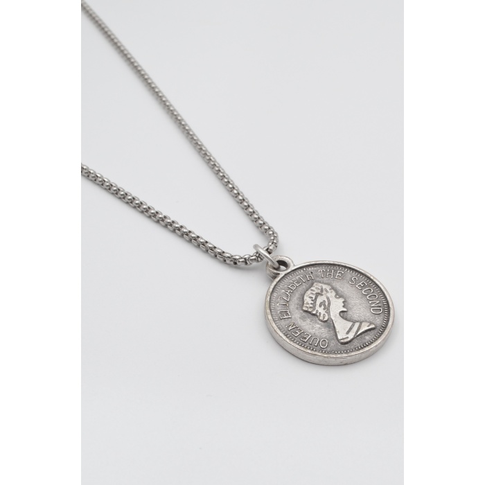Kraliçe Elizabeth II (Genç Portre) Örme Zincir Kolye - Antik Gümüş Kaplama - Kadın Erkek - 60 cm