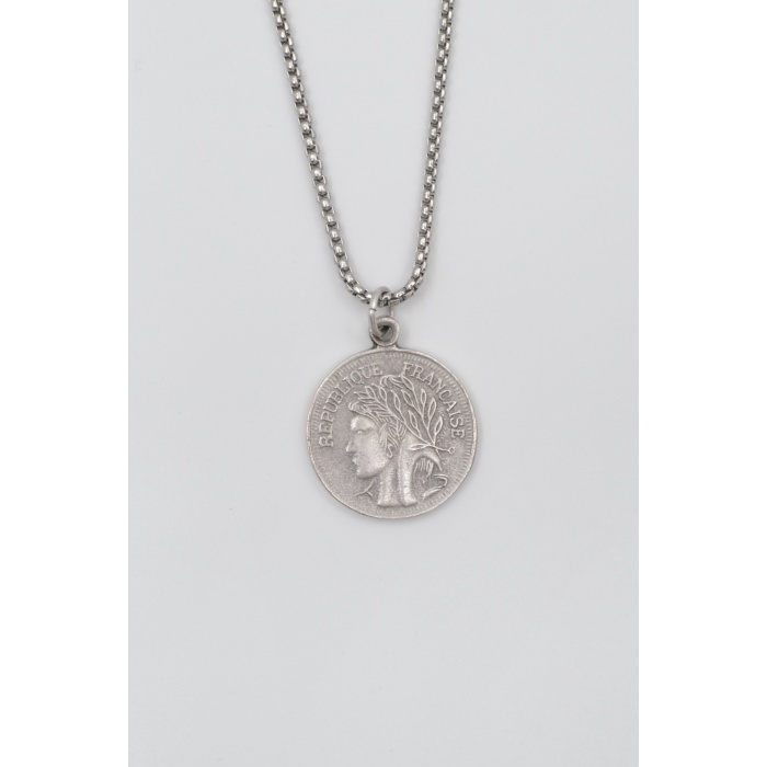 Francesca - Zambak Çiçeği Madalyon Örme Zincir Kolye - Antik Gümüş Kaplama - Kadın Erkek - 60 cm