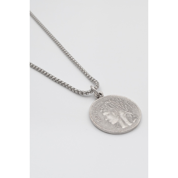 Francesca - Zambak Çiçeği Madalyon Örme Zincir Kolye - Antik Gümüş Kaplama - Kadın Erkek - 60 cm