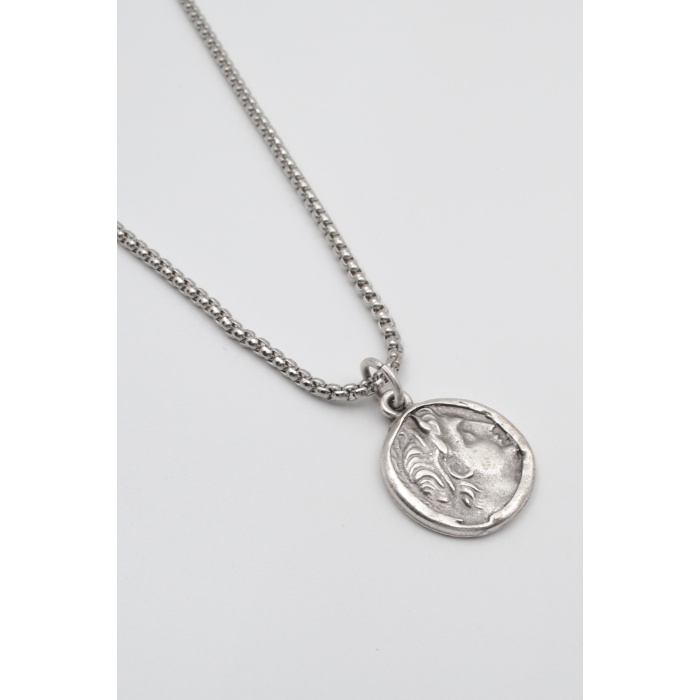 Yunan Antik Makedonya Kralı Büyük İskender Örme Zincir Kolye - Antik Gümüş Kaplama - Kadın Erkek - 60 cm