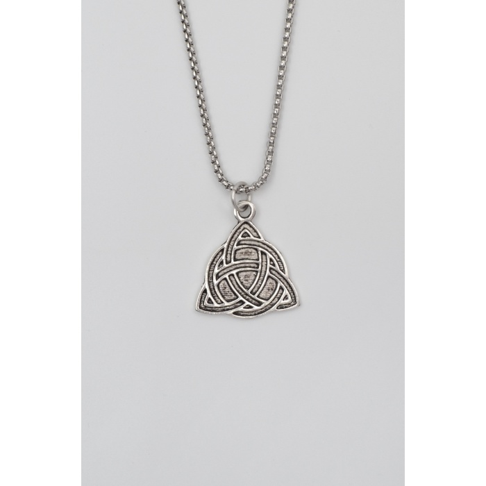 Triquetra - Kelt Düğümü Örme Zincir Kolye - Antik Gümüş Kaplama - Kadın Erkek - 60 cm
