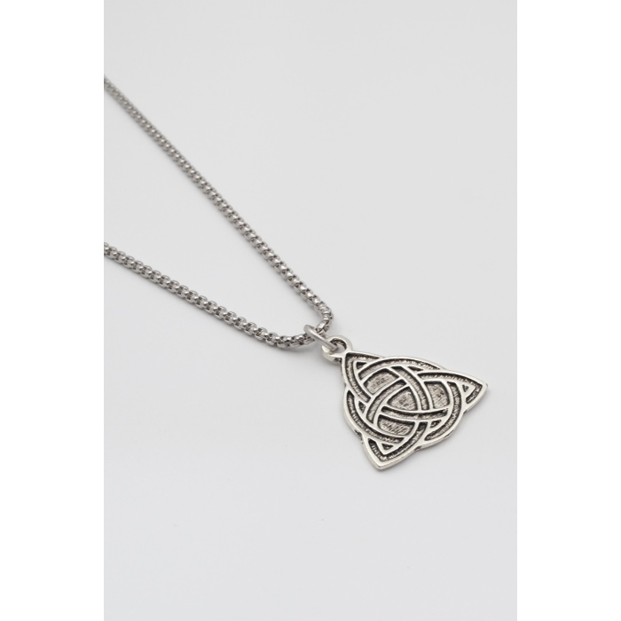 Triquetra - Kelt Düğümü Örme Zincir Kolye - Antik Gümüş Kaplama - Kadın Erkek - 60 cm