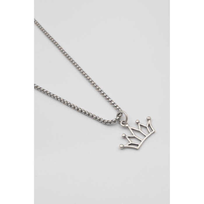 Taç Örme Zincir Kolye - Antik Gümüş Kaplama - Kadın Erkek - 60 cm