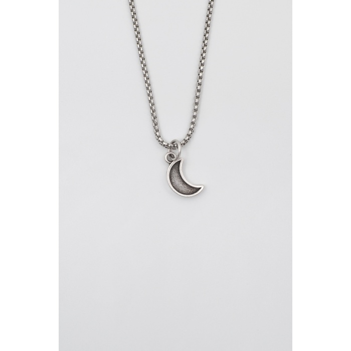 Minimalist Ay Örme Zincir Kolye - Antik Gümüş Kaplama - Kadın Erkek - 60 cm