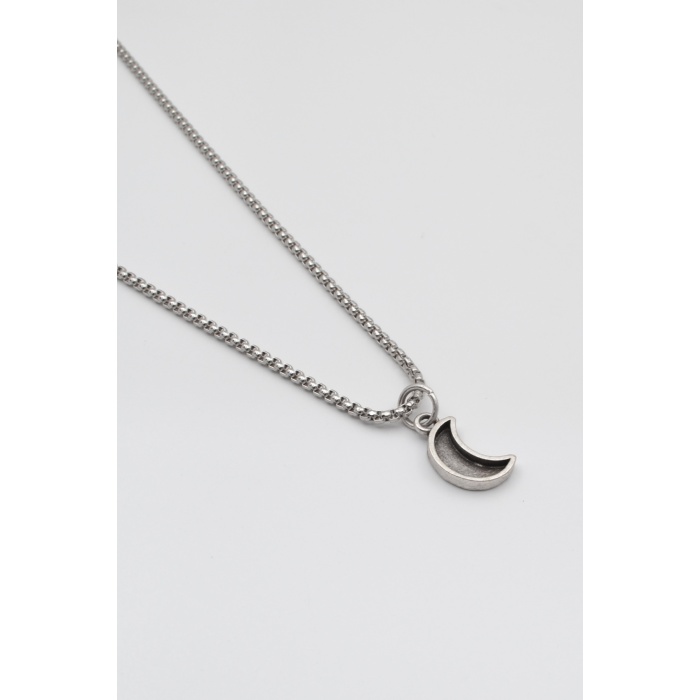 Minimalist Ay Örme Zincir Kolye - Antik Gümüş Kaplama - Kadın Erkek - 60 cm