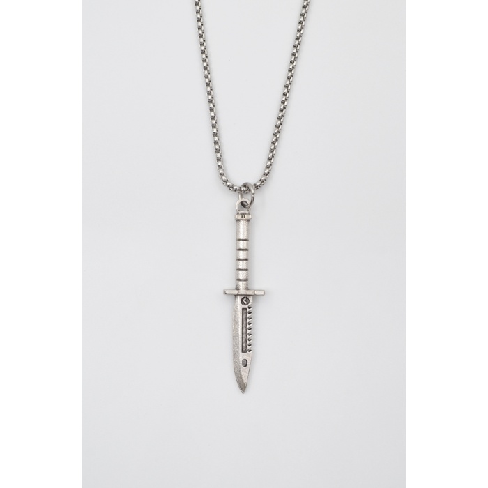 Testere Dişli Taktik Bıçak Örme Zincir Kolye - Antik Gümüş Kaplama - Kadın Erkek - 60 cm