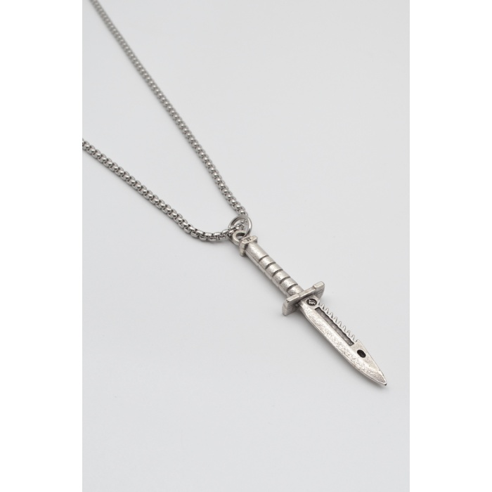 Testere Dişli Taktik Bıçak Örme Zincir Kolye - Antik Gümüş Kaplama - Kadın Erkek - 60 cm