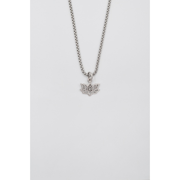 Minimal Om Sembollü Lotus Çiçeği Örme Zincir Kolye - Antik Gümüş Kaplama - Kadın Erkek - 60 cm