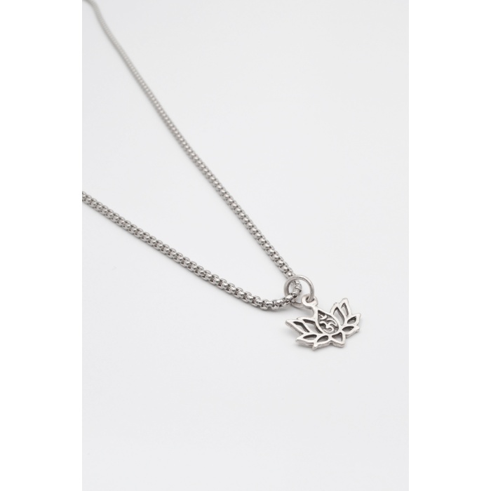 Minimal Om Sembollü Lotus Çiçeği Örme Zincir Kolye - Antik Gümüş Kaplama - Kadın Erkek - 60 cm